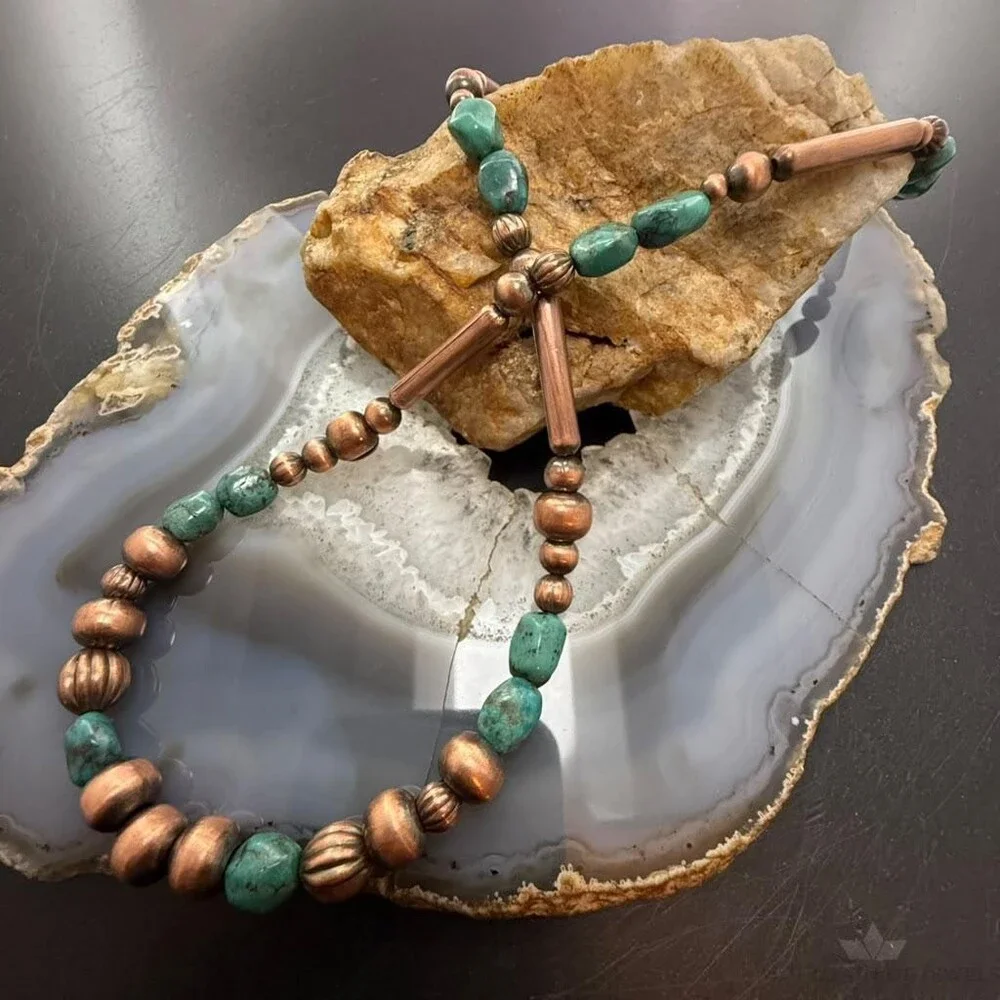 Southwestern Style 3-9.5mm Copper Navajo Pearl,Cylinder&Turquoise Beads Necklace